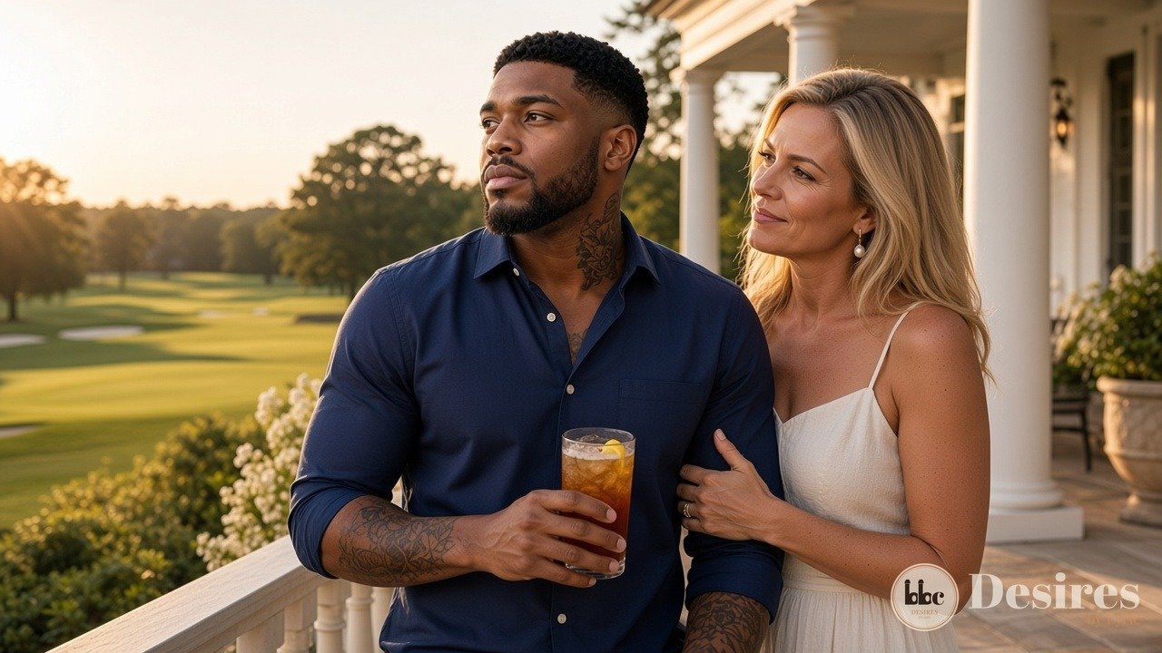 Dre on the terrace at sunset with Caroline on his arm, the golf course below