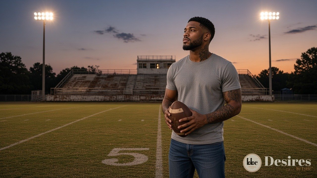 Dre alone on his old high school field at dusk, holding a worn football