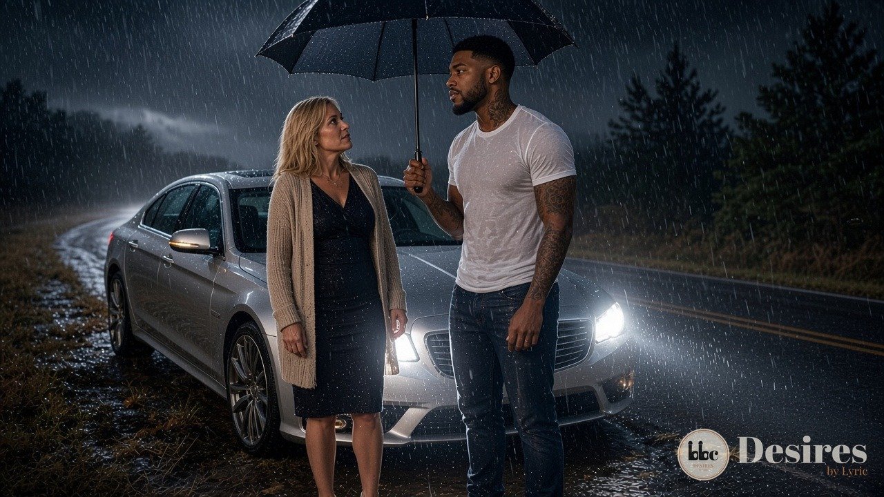 Dre holding an umbrella over Diane beside her sedan in the ditch on a rainy back road