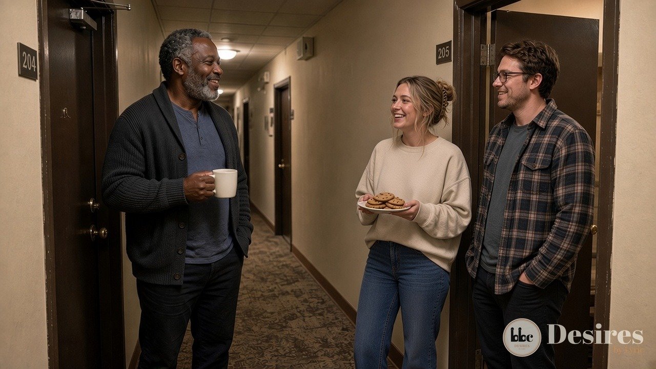 Walter chatting with Kelsey and Ben in the apartment hallway, Kelsey holding a plate of cookies