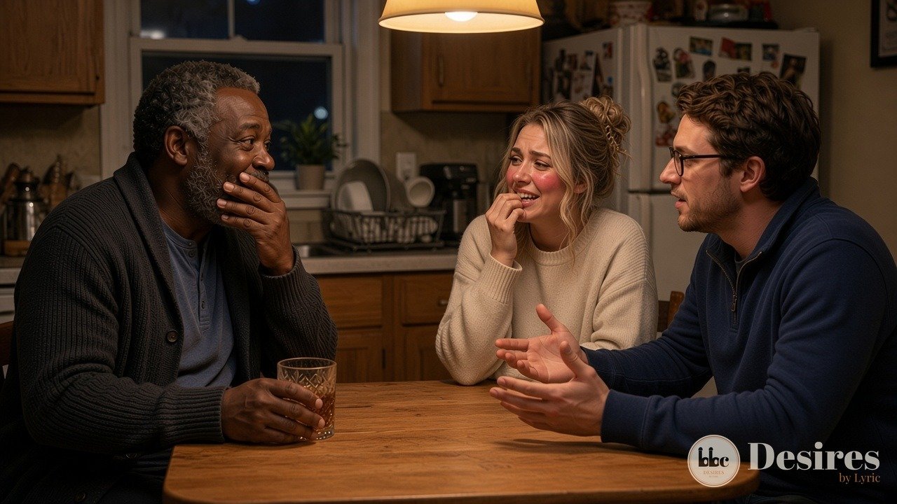 Walter laughing at the kitchen table while Ben makes the ask and Kelsey blushes
