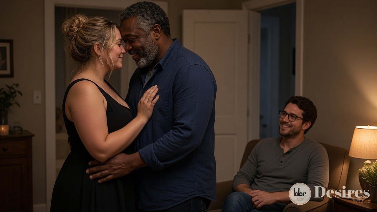 Kelsey in a black sundress with Walter in the bedroom doorway while Ben watches from the armchair