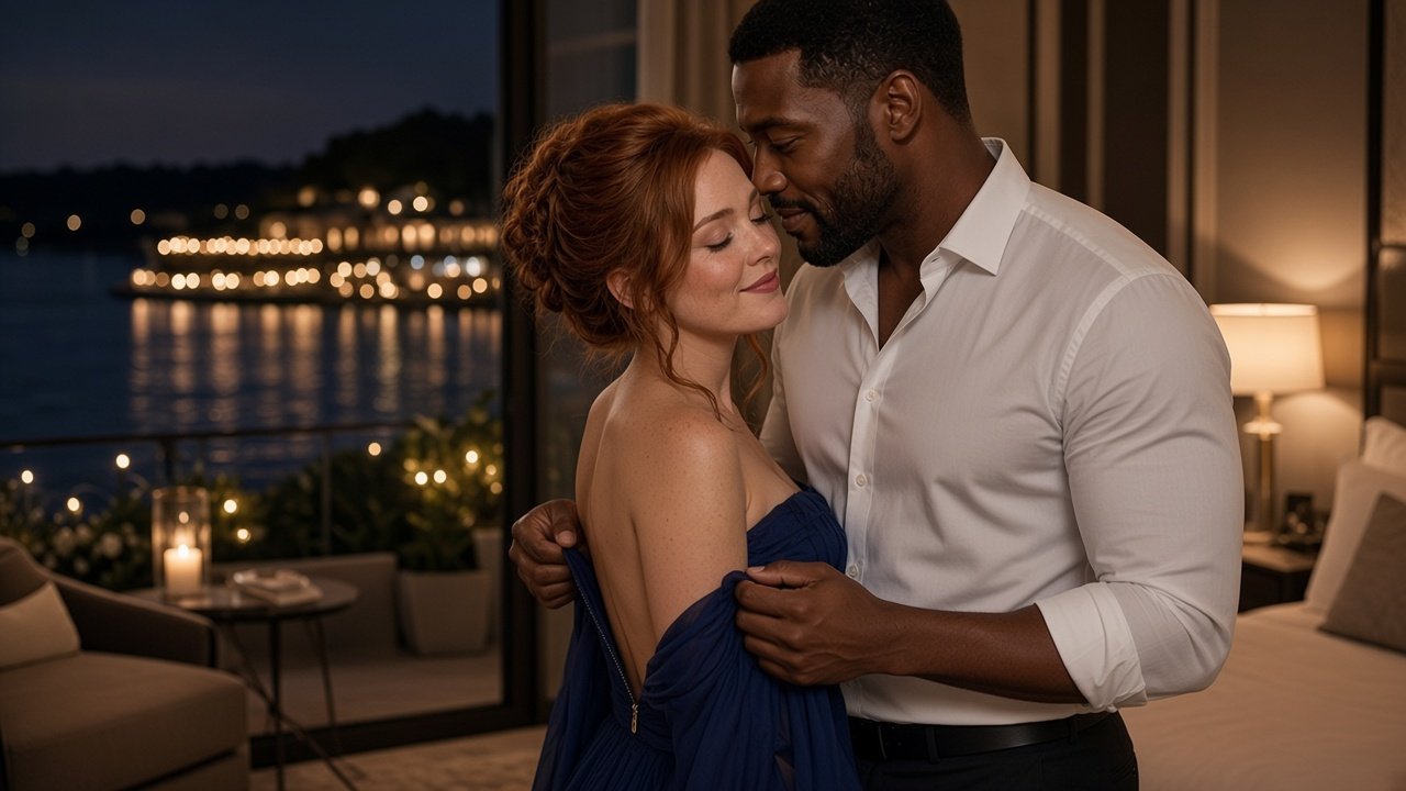 his hotel suite; the dress unzipped, lake lights