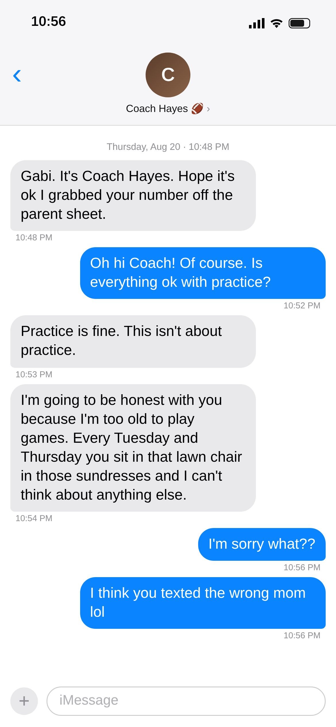 Text thread screenshot 1 of 20: 10:48 PM: Coach Hayes texts Gabi out of nowhere, and it isn't about practice.