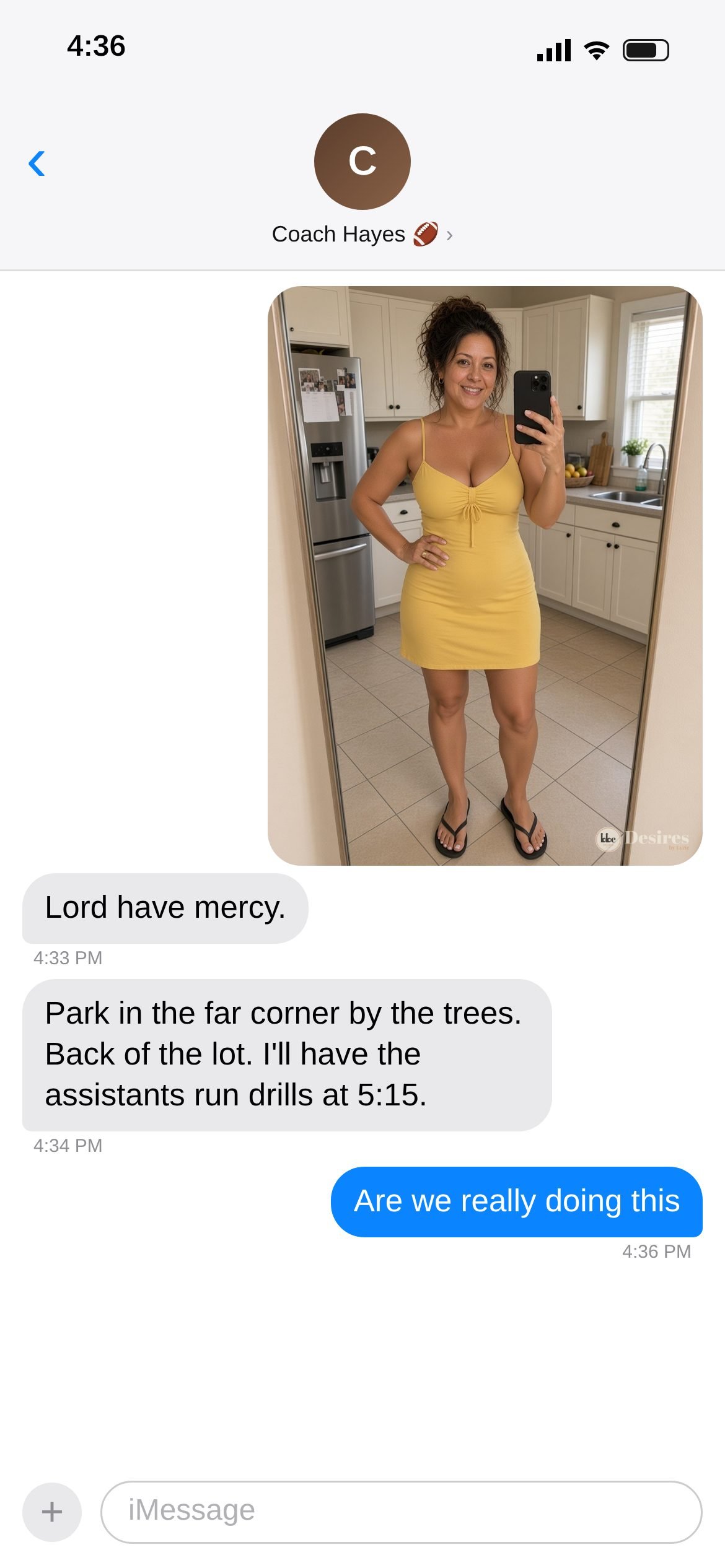 Text thread screenshot 5 of 20: A yellow sundress selfie. "Park in the far corner by the trees. Back of the lot."