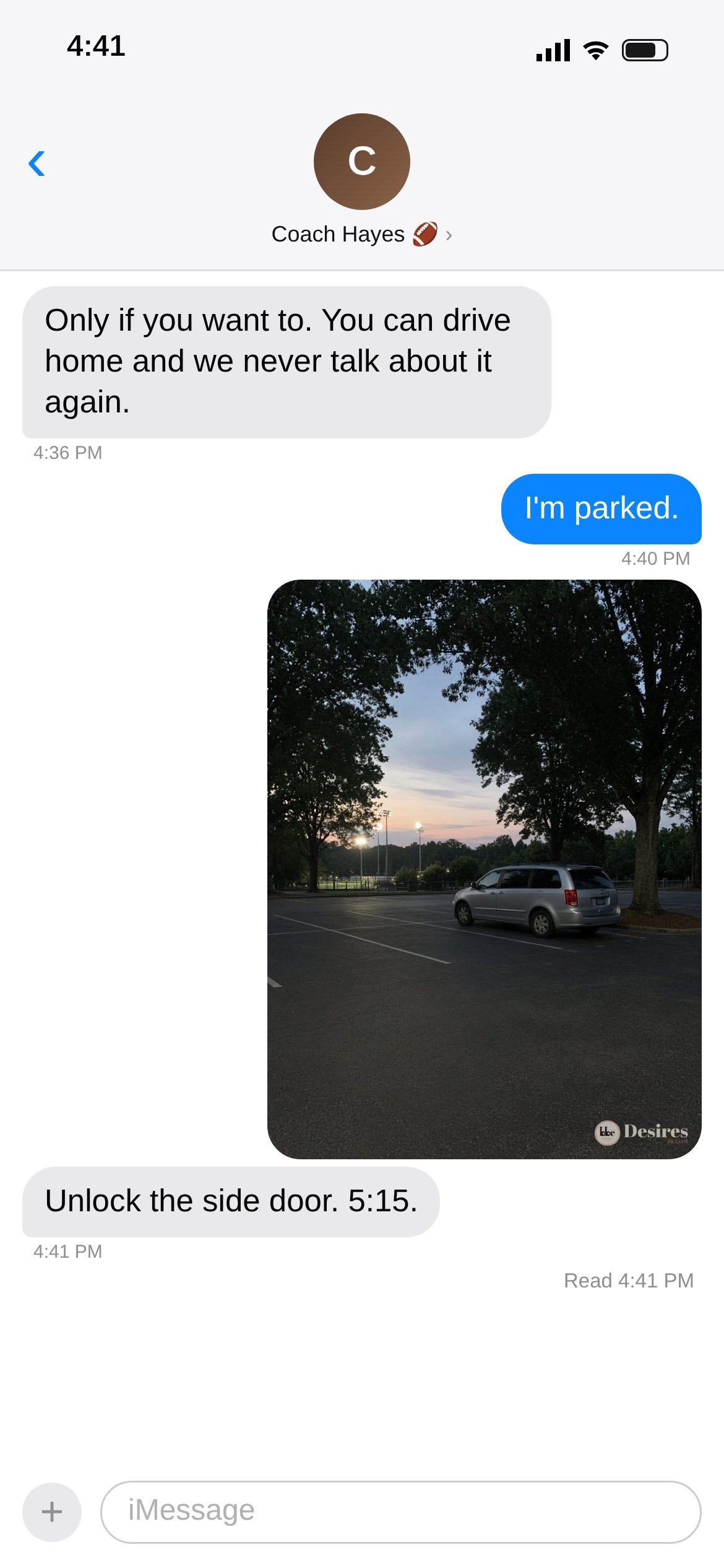 Text thread screenshot 6 of 20: "I'm parked." The minivan waits under the trees. "Unlock the side door. 5:15."