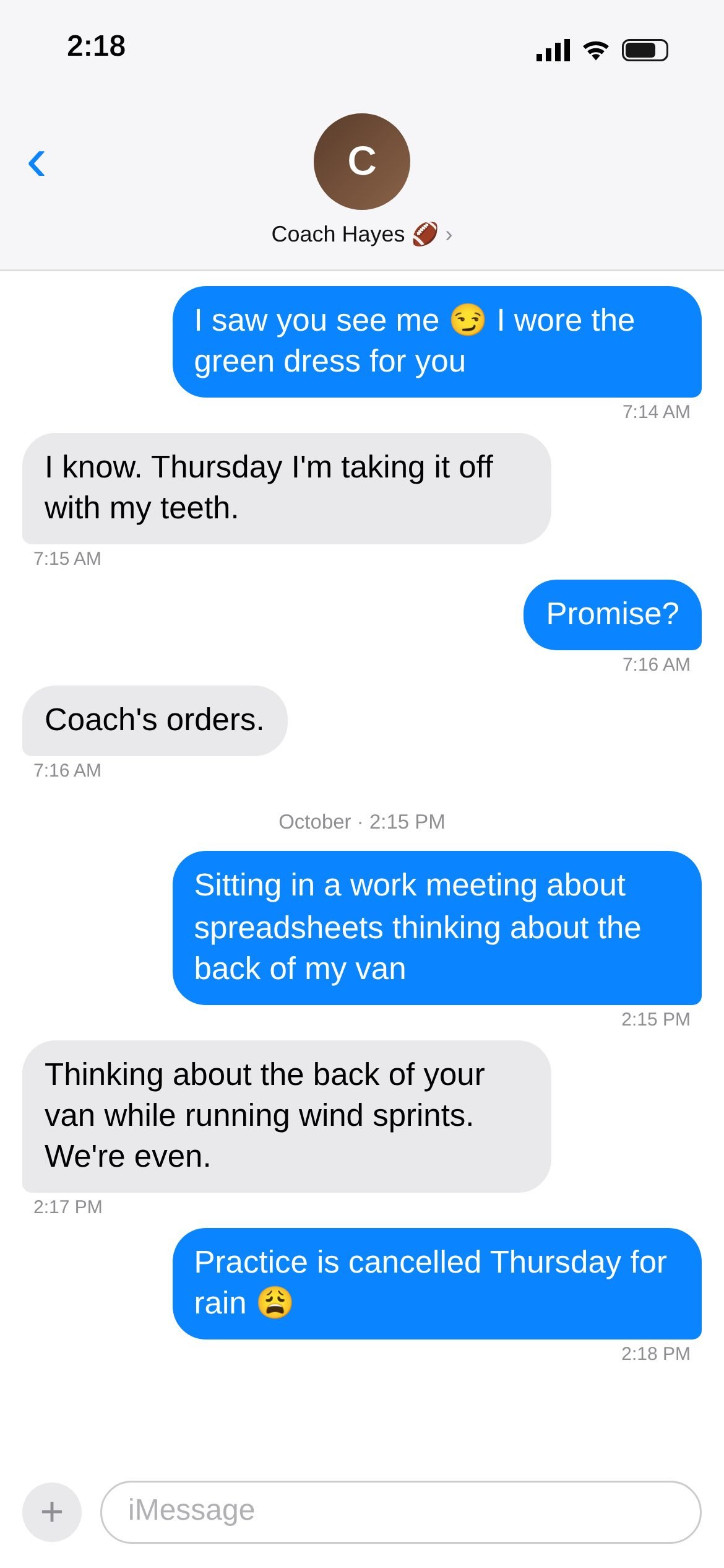 Text thread screenshot 11 of 20: The green dress. "Coach's orders." In October it's spreadsheets and wind sprints.
