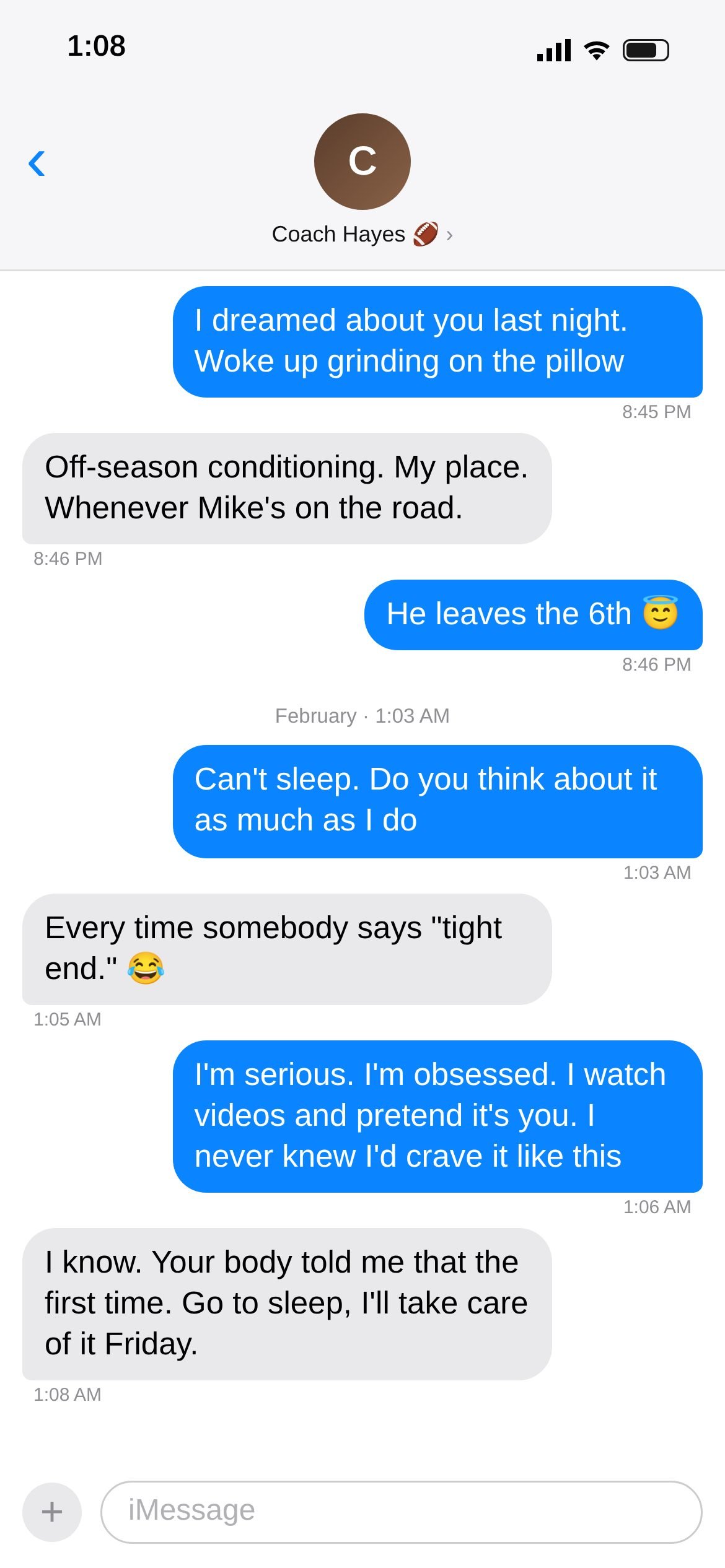 Text thread screenshot 13 of 20: Off-season conditioning at his place. In February it's 1 AM and she's obsessed.
