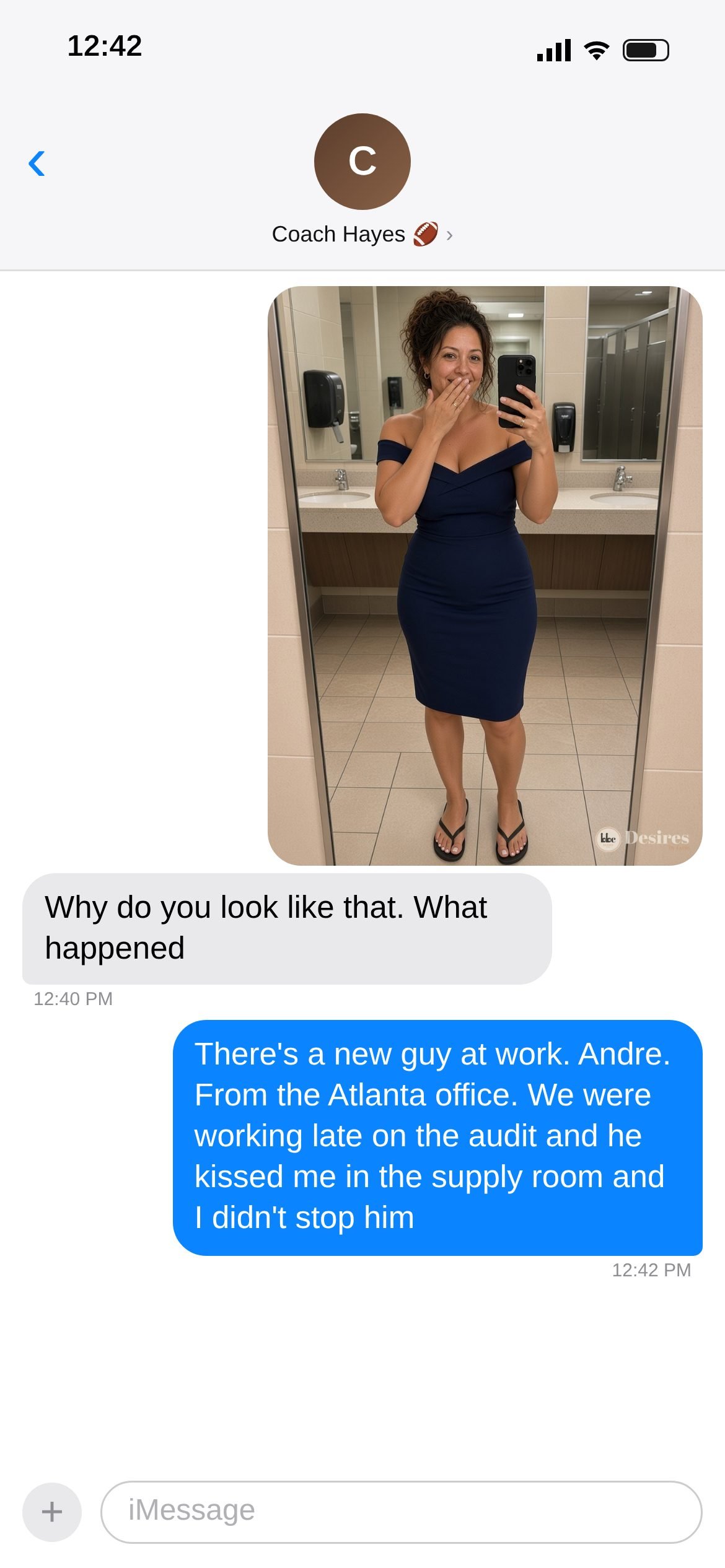 Text thread screenshot 15 of 20: A flushed office selfie and a confession about Andre from the Atlanta office.