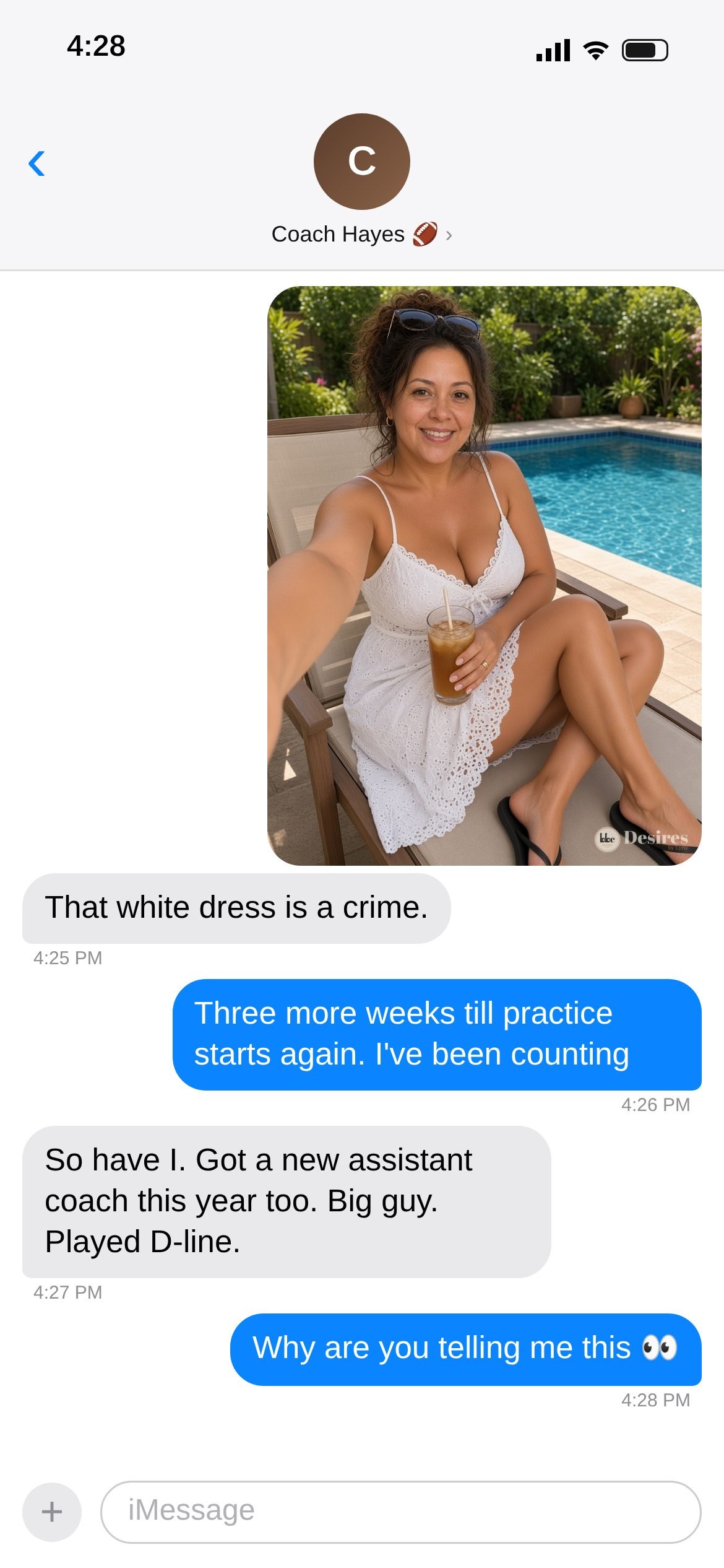 Text thread screenshot 18 of 20: A white dress by the pool, and a new assistant coach who played D-line.