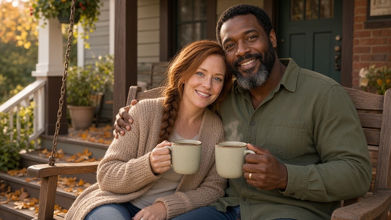 the next morning; Erin and Theo on the porch swing with coffee and fallen leaves