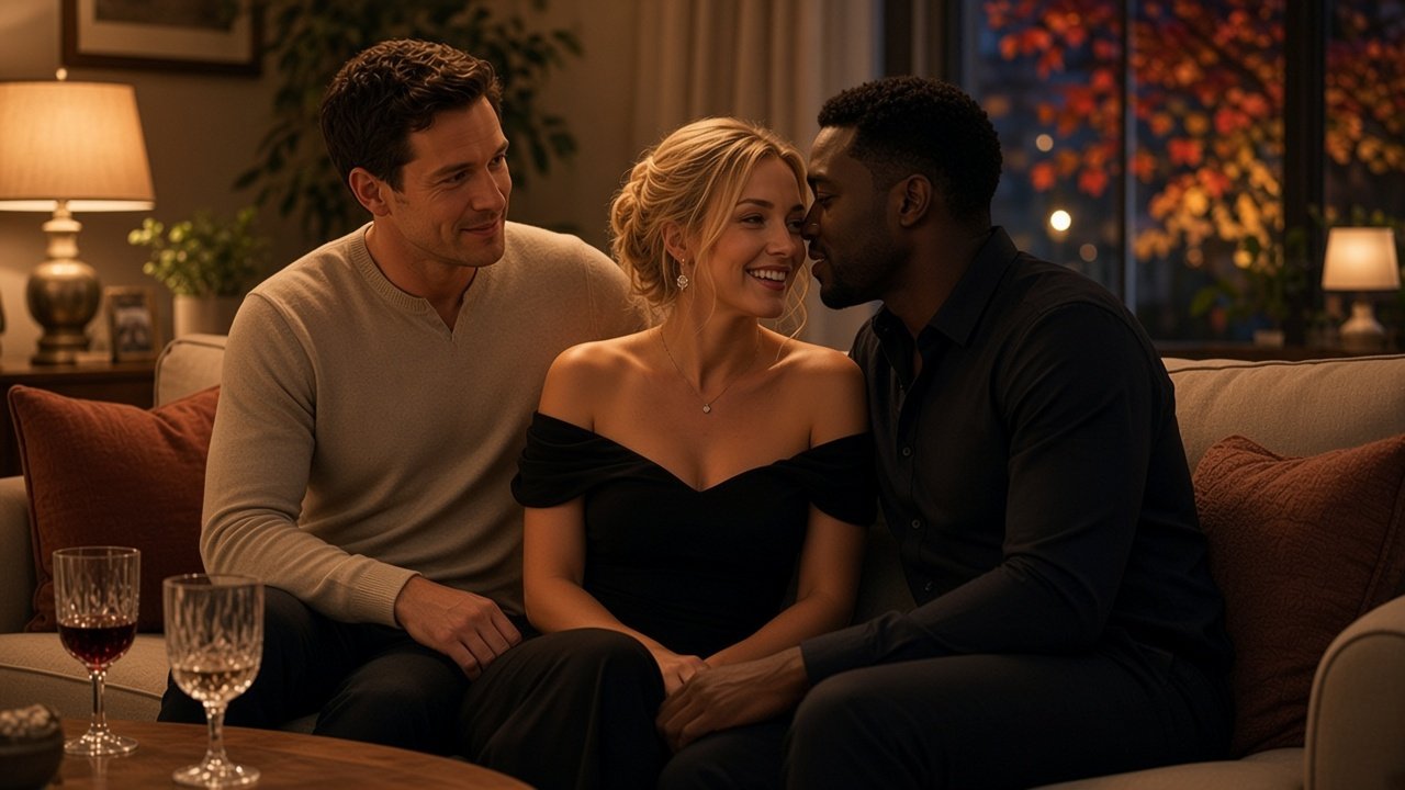 Claire and Darius in the living room with Ethan watching