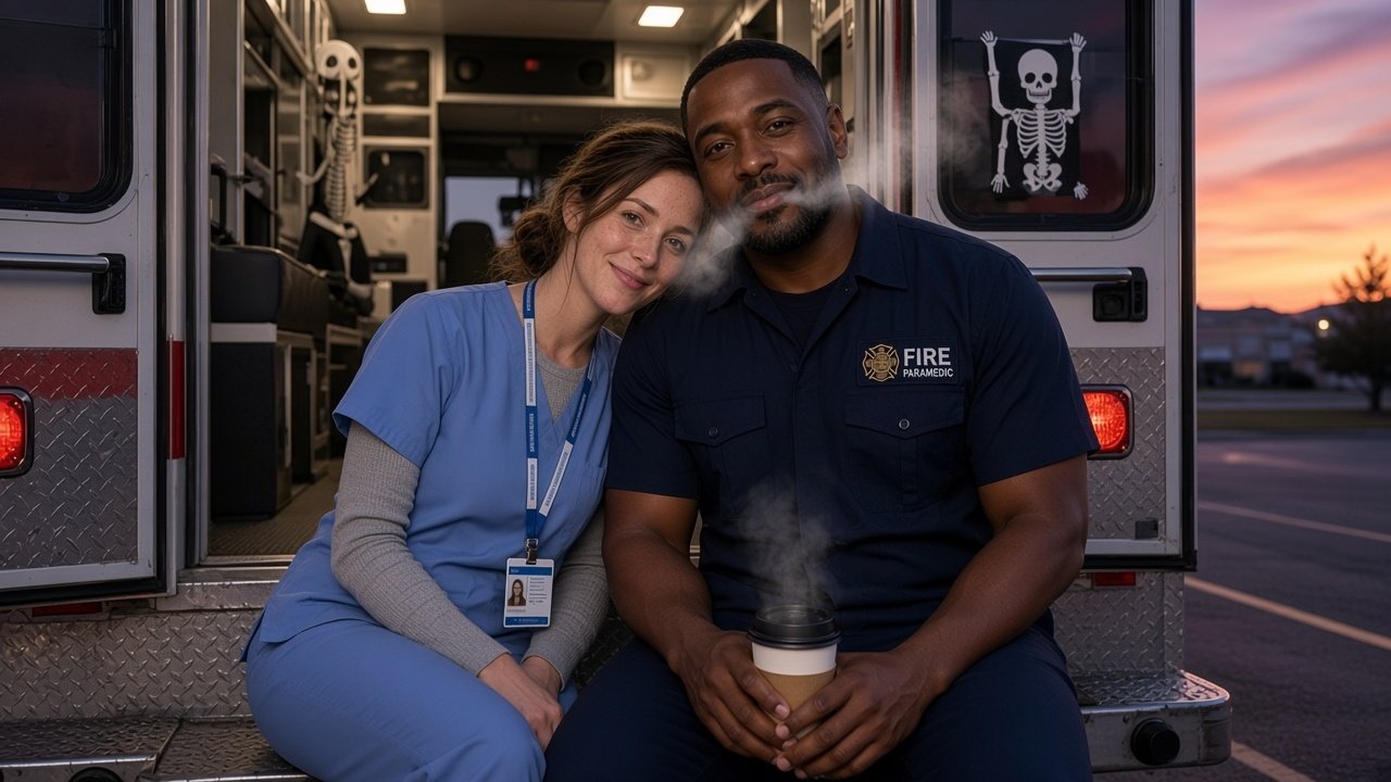 dawn at the ambulance bay; Megan and Terrence on the bumper of Medic 9