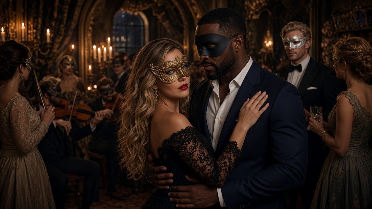 candlelit masquerade; Lauren dancing with Isaiah while Greg watches