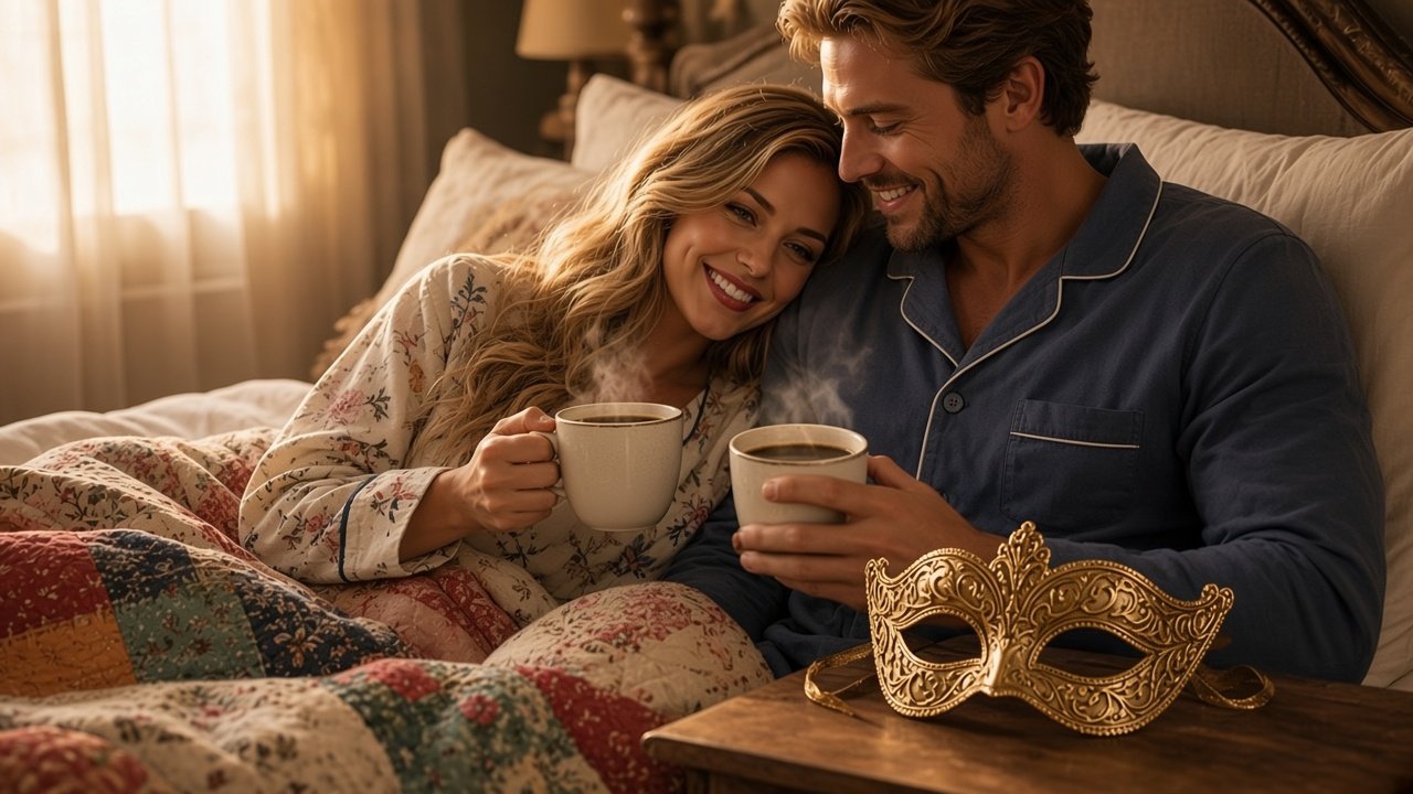 the morning after; Lauren and Greg at home, her gold mask on the nightstand