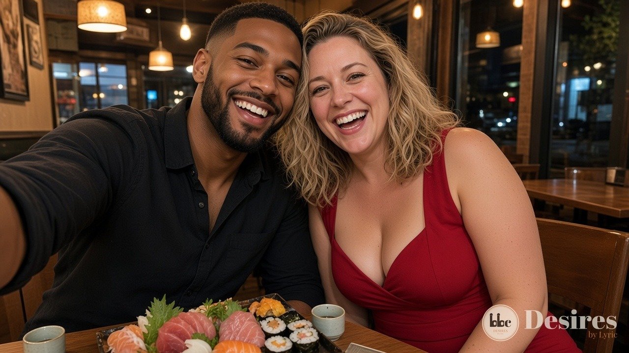 Megan and Jordan's laughing selfie in the good booth at Sushi Kiyo