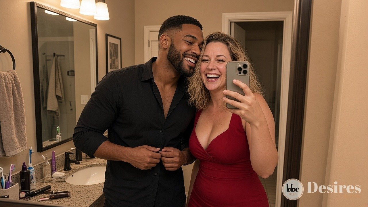 Mirror selfie of Megan and Jordan getting ready, him buttoning his shirt behind her