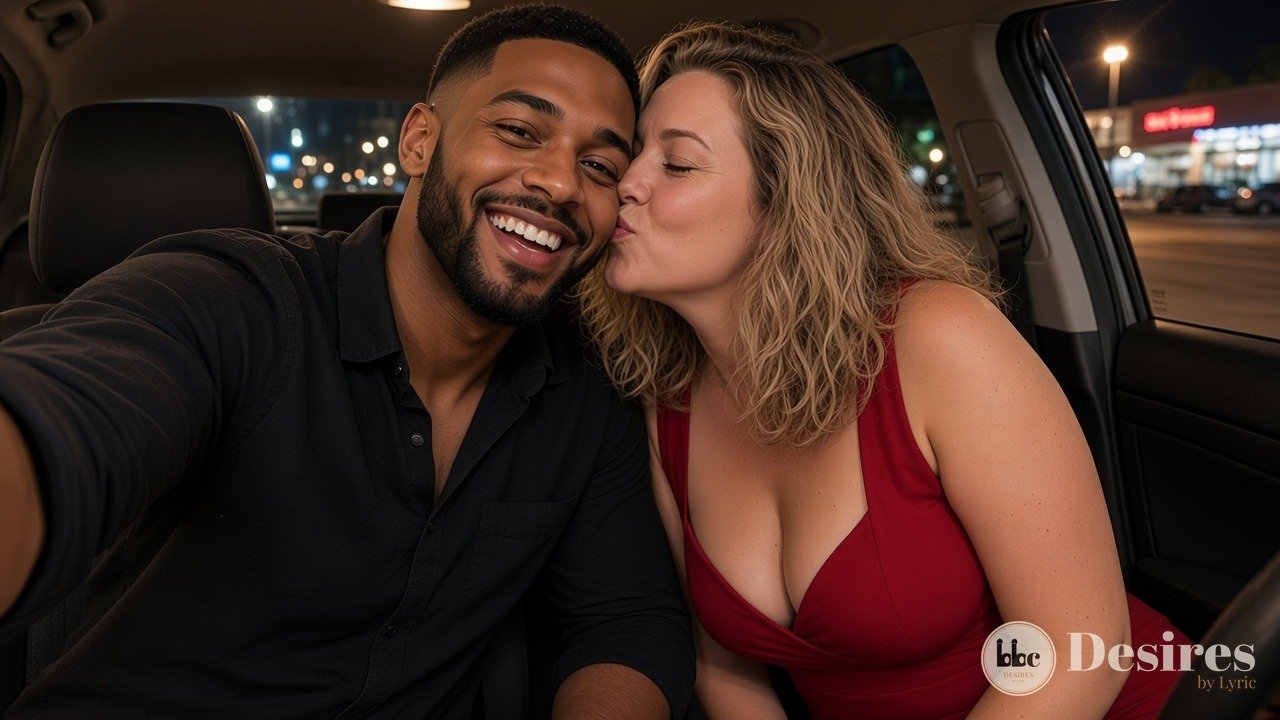 Car selfie, Megan in red kissing Jordan's cheek in the strip-mall lot