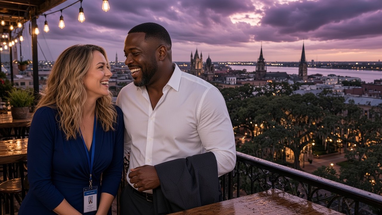 rooftop bar in Savannah at dusk; Jenna and Damon at the rail as the rain comes in