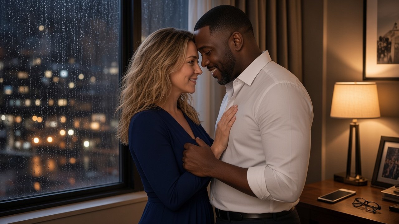 his hotel room by lamplight, rain on the window; his hands at the tie of her wrap dress
