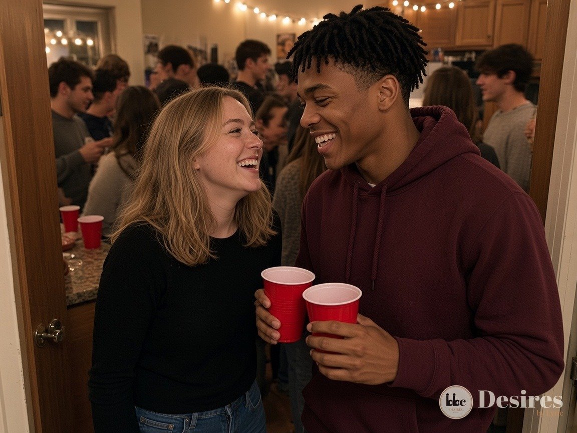 Kate laughing with Marcus in the kitchen doorway at a crowded house party, red cups in hand