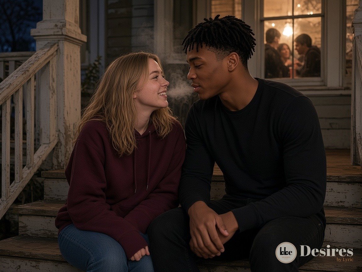 Kate in Marcus's maroon hoodie on the back porch steps, their faces inches apart
