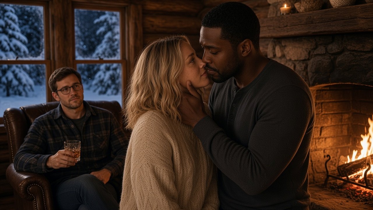 snowed-in cabin; Claire between Daniel and Marcus by the fire
