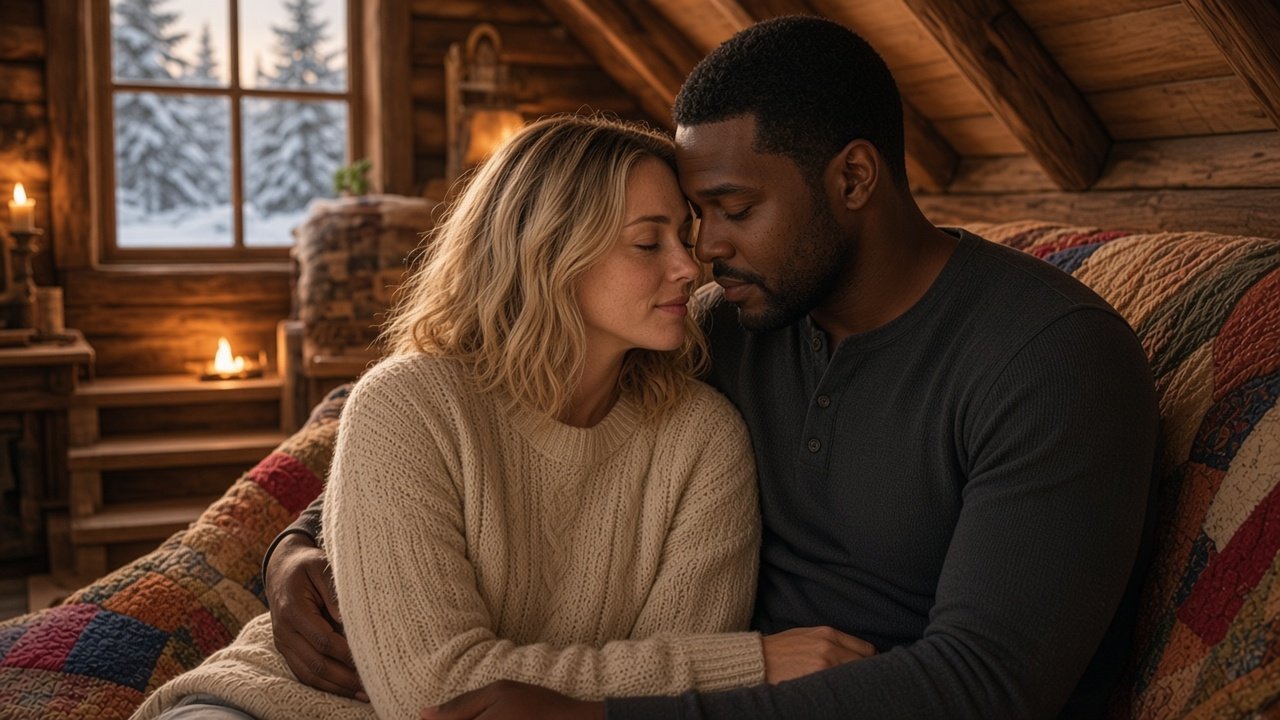 the loft by firelight; Claire in Marcus's arms