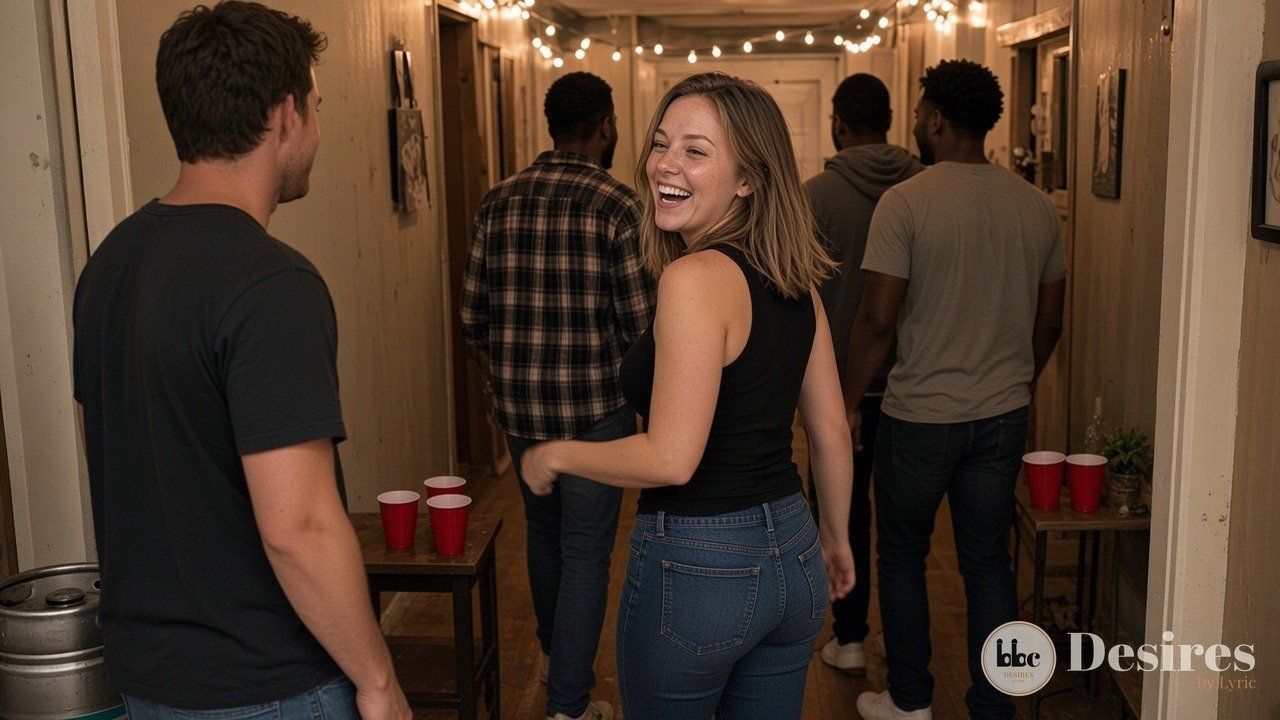 Jenna laughing over her shoulder as she leads three Black men down a party hallway, a lone white guy by the keg watching