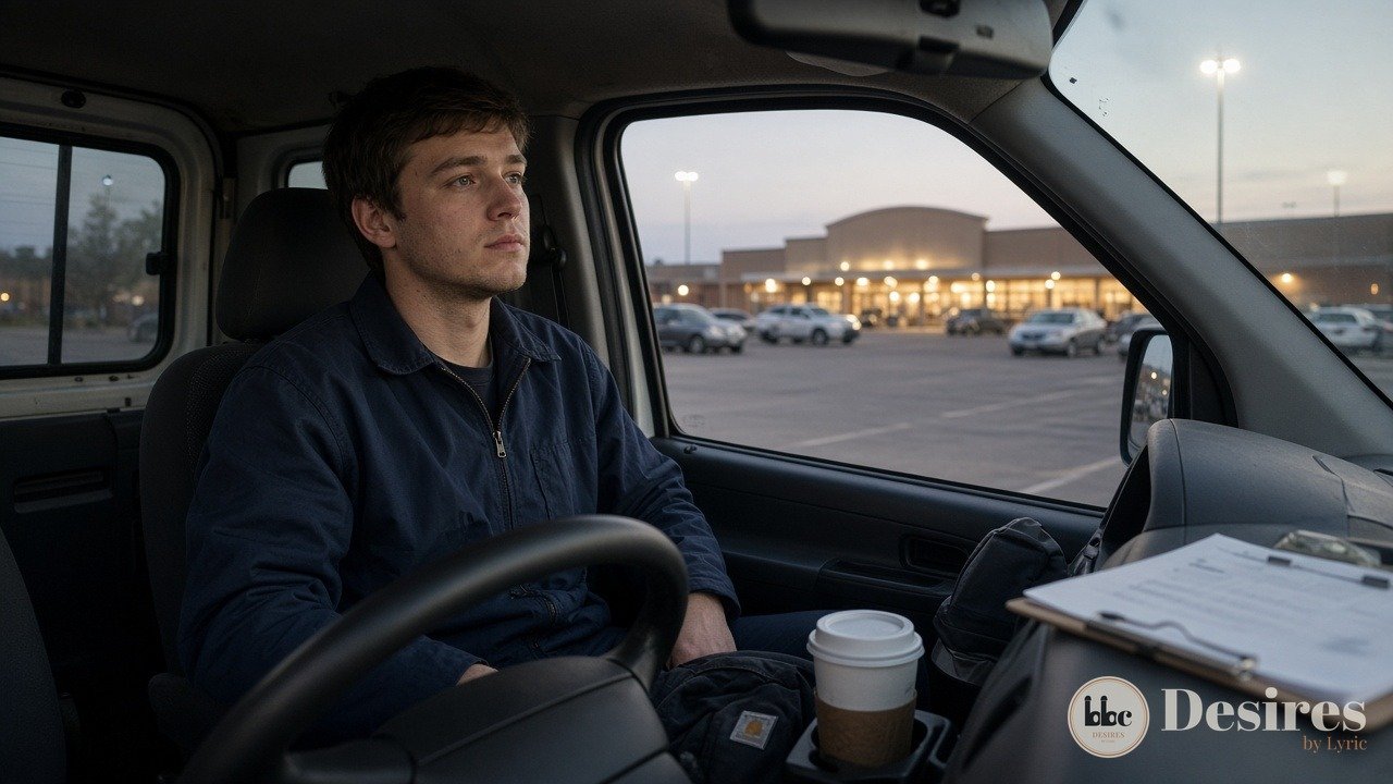 Luke alone in his work van at dusk in a grocery store parking lot