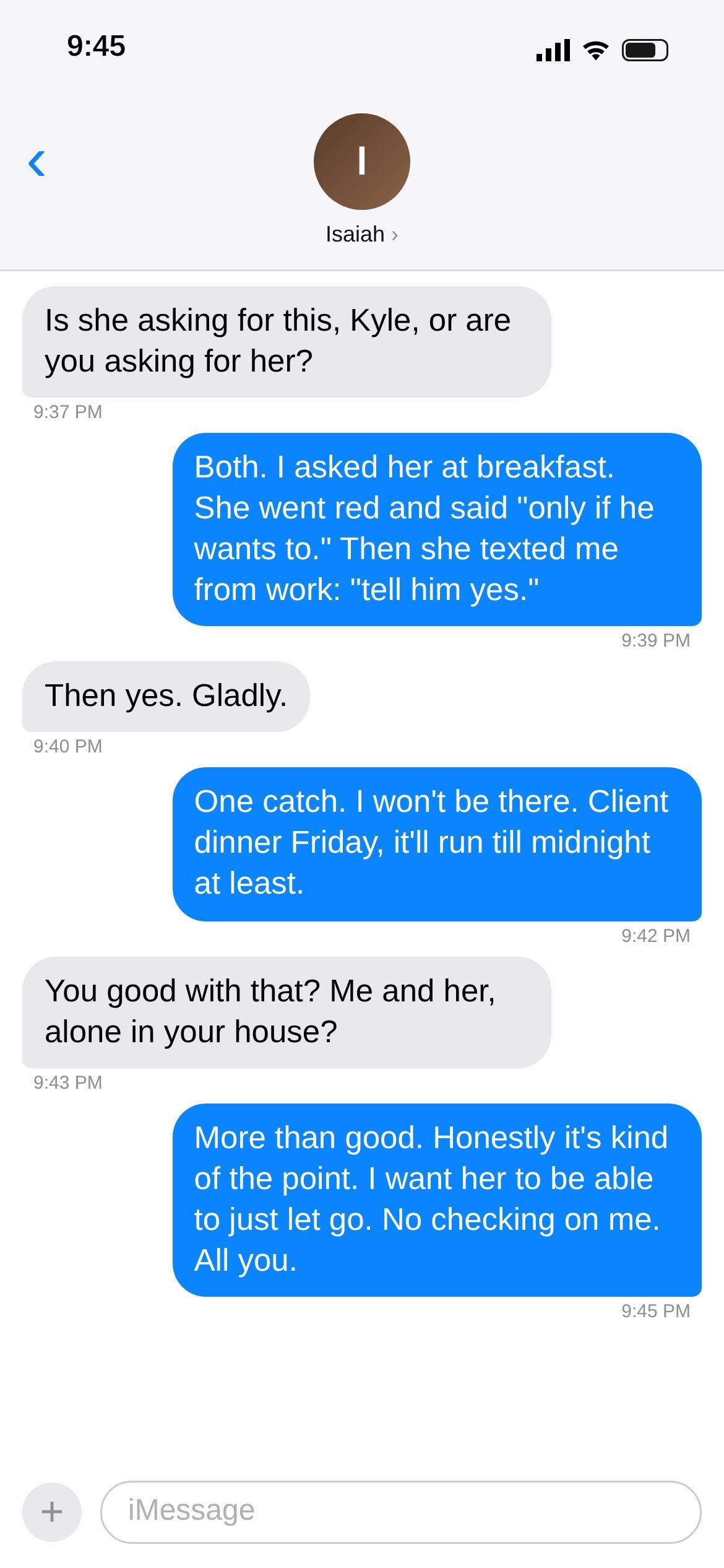 Text thread screenshot 4 of 15: She said "tell him yes." Kyle won't be there, and that's the point.
