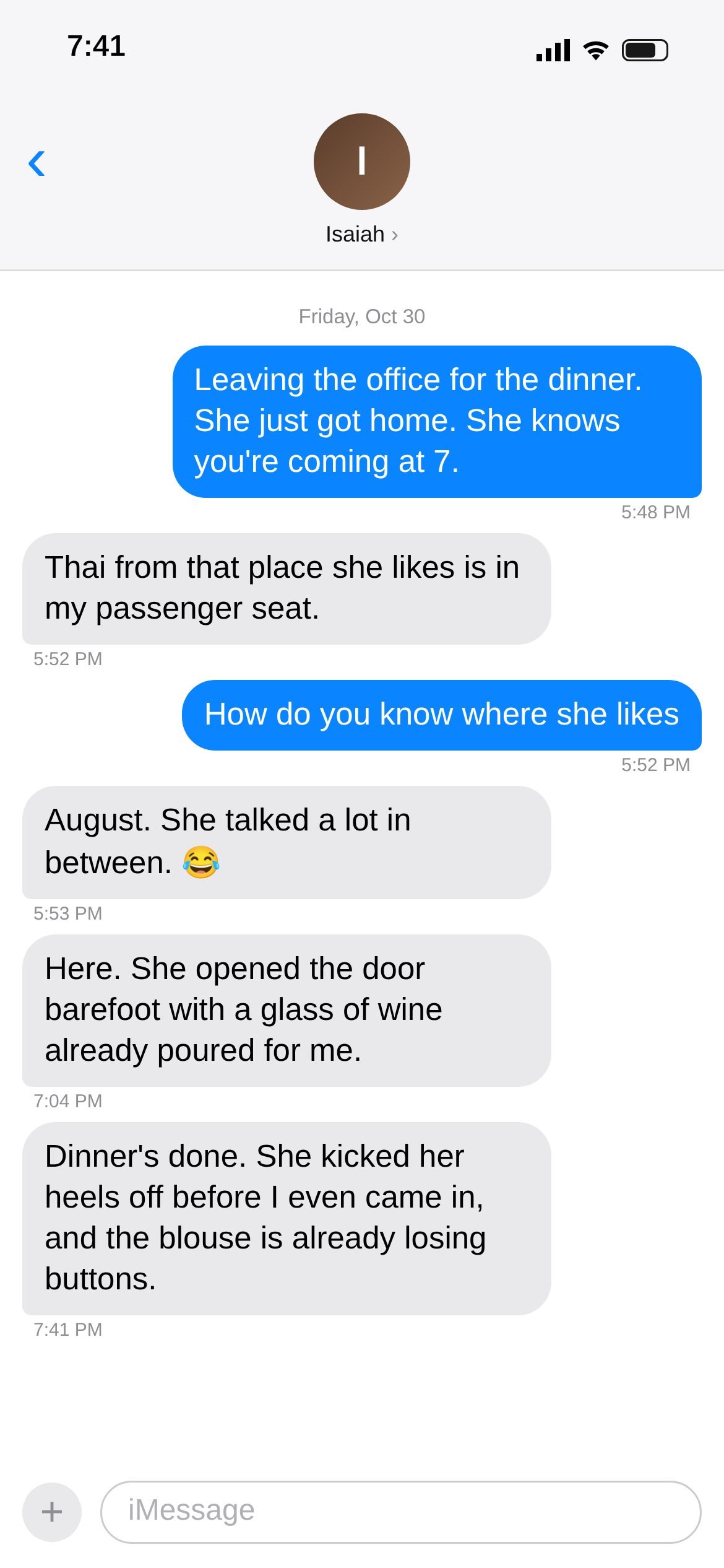 Text thread screenshot 6 of 15: Friday: Thai food, a barefoot welcome, and the blouse is losing buttons.