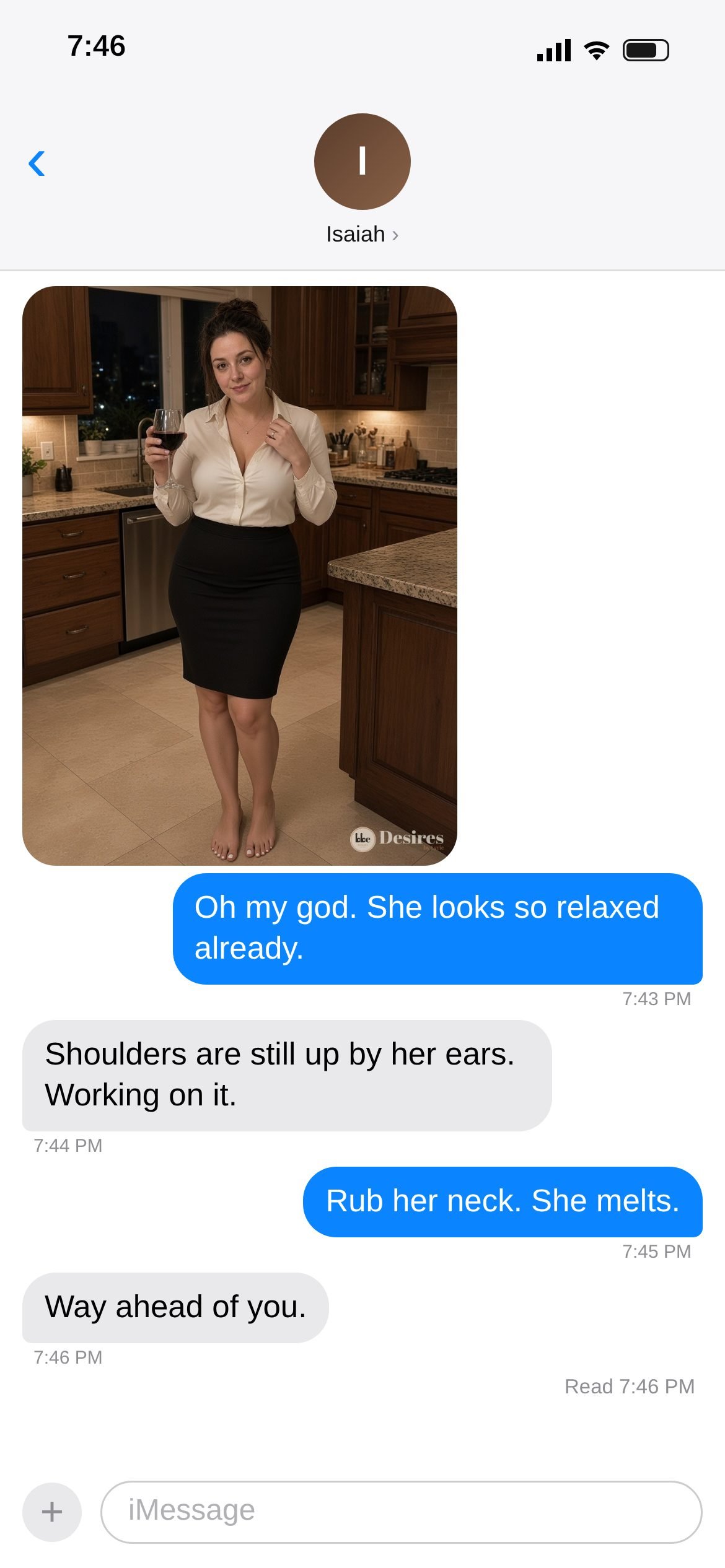 Text thread screenshot 7 of 15: The kitchen photo. A neck rub, and she melts.