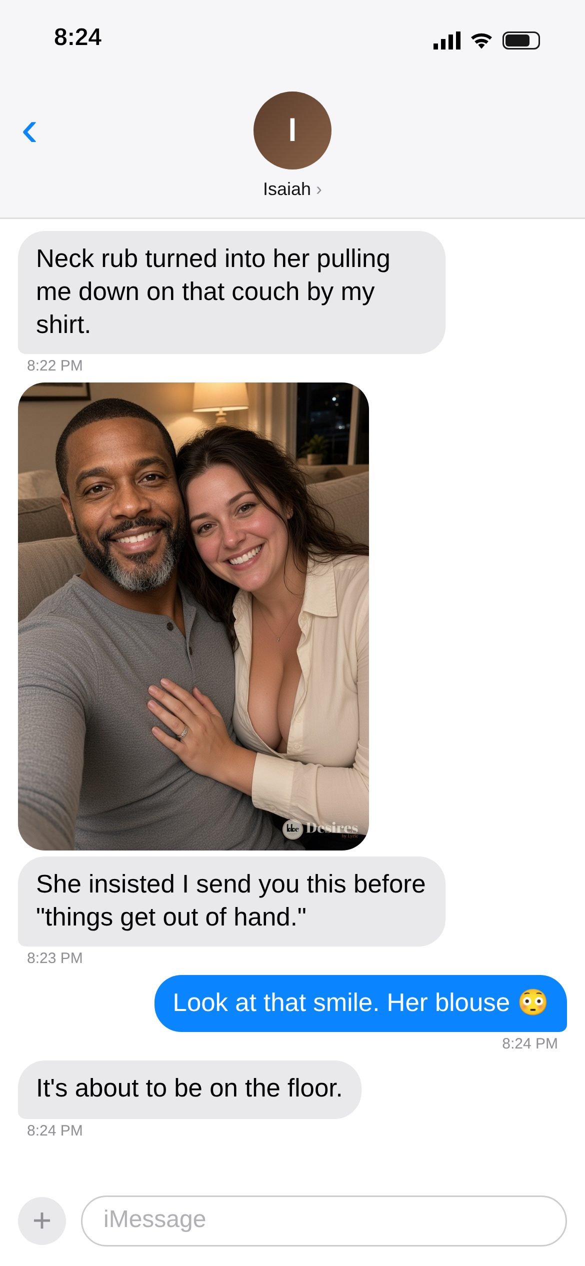 Text thread screenshot 8 of 15: The couch selfie she insisted on before "things get out of hand."
