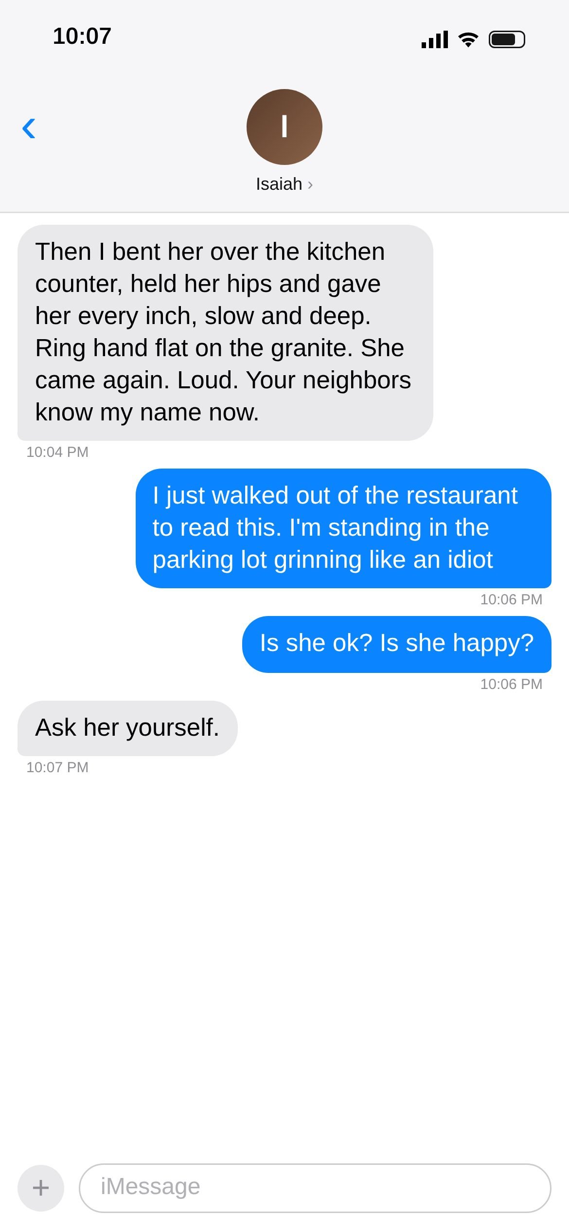 Text thread screenshot 10 of 15: Over the kitchen counter. Kyle reads it in the restaurant parking lot.