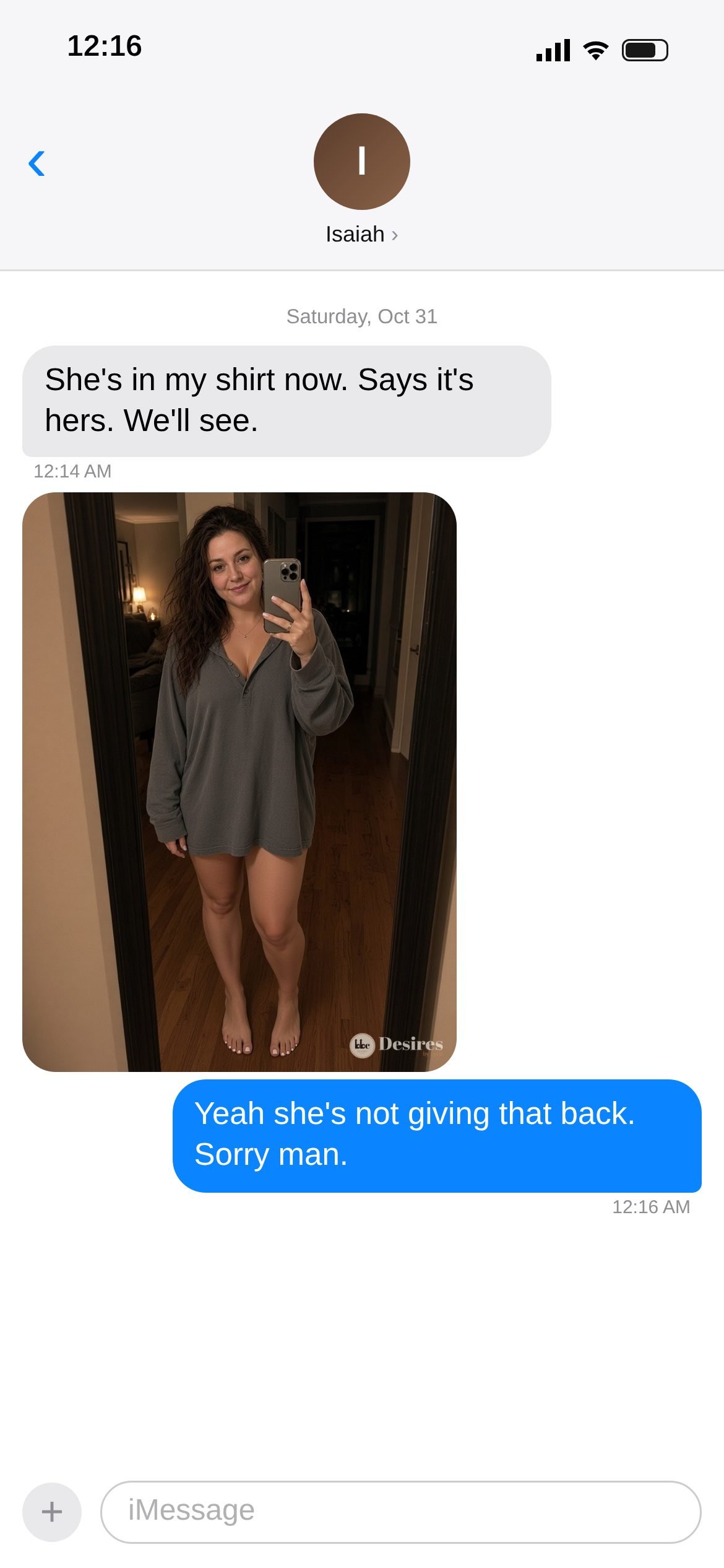 Text thread screenshot 12 of 15: Past midnight: in his shirt, and she's not giving it back.
