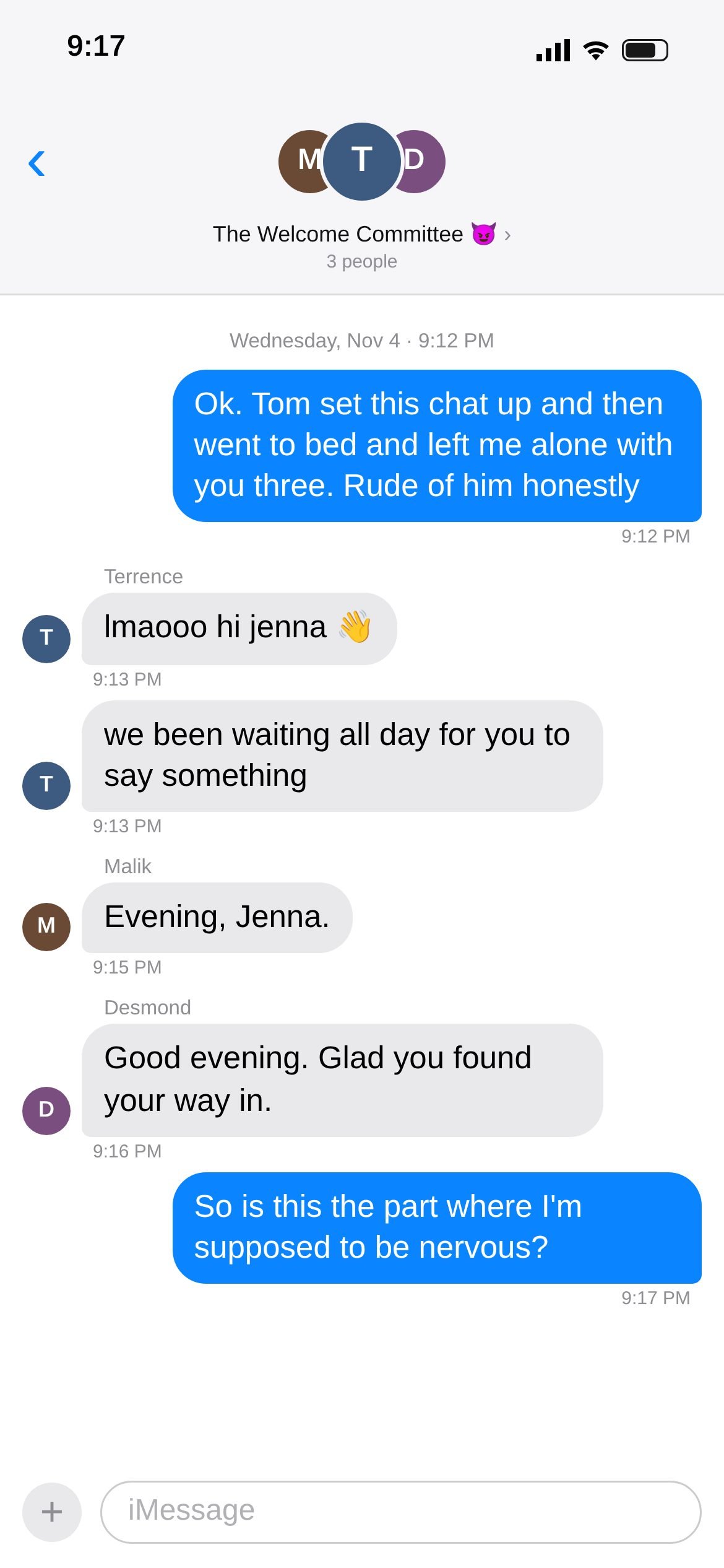 Text thread screenshot 1 of 22: Group chat "The Welcome Committee ���": Tom made the chat, then went to bed.