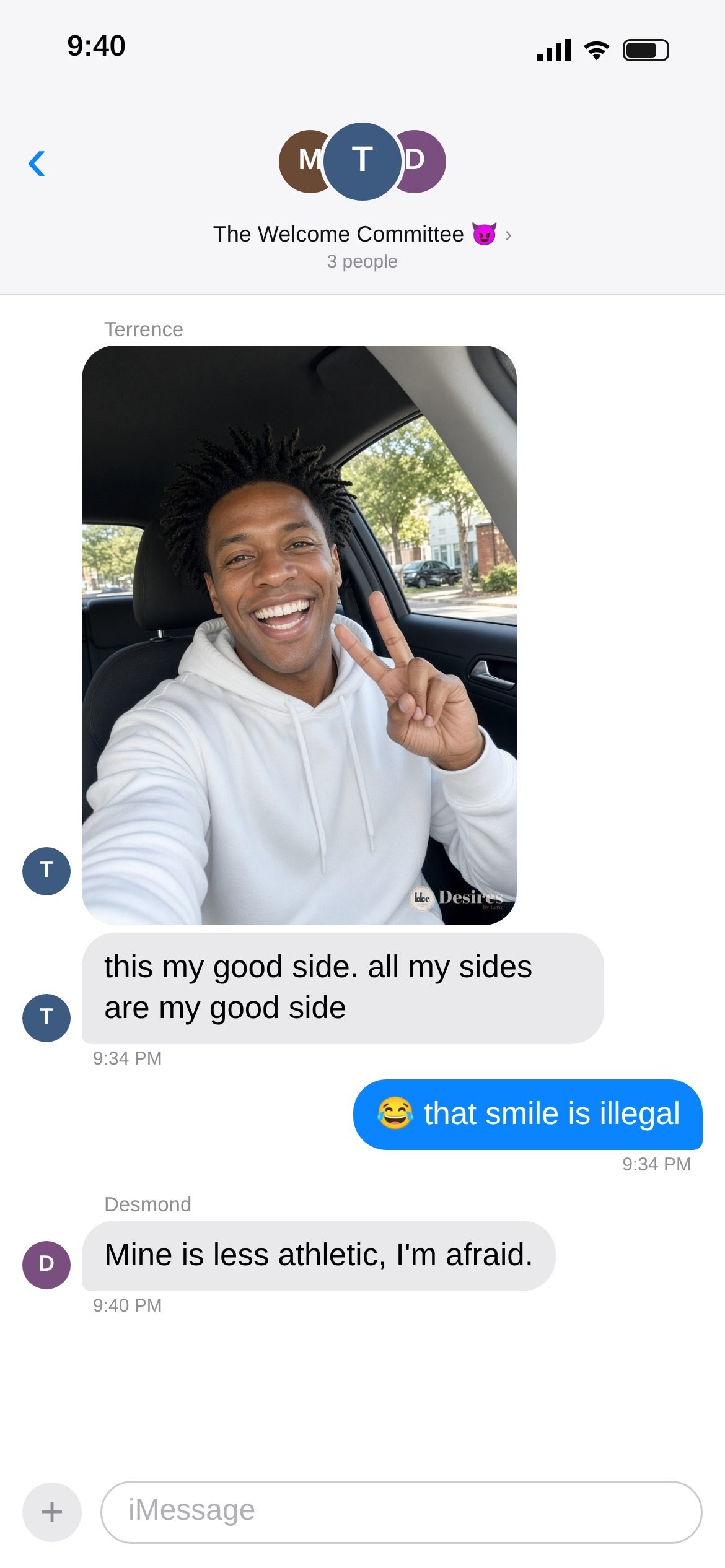 Text thread screenshot 6 of 22: Photo: Terrence's grin. "All my sides are my good side."