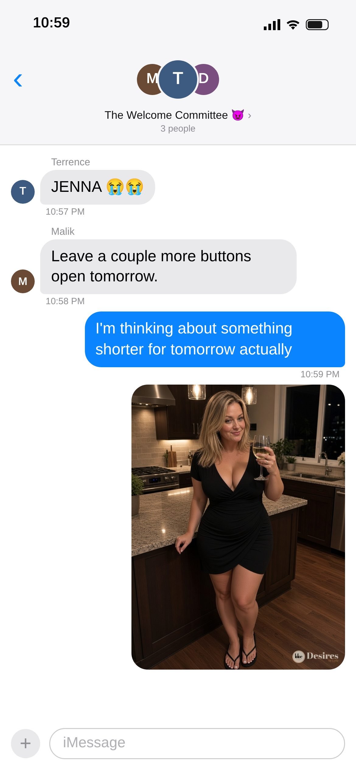 Text thread screenshot 10 of 22: Photo: tomorrow's black dress and flip-flops. The ring stays on.