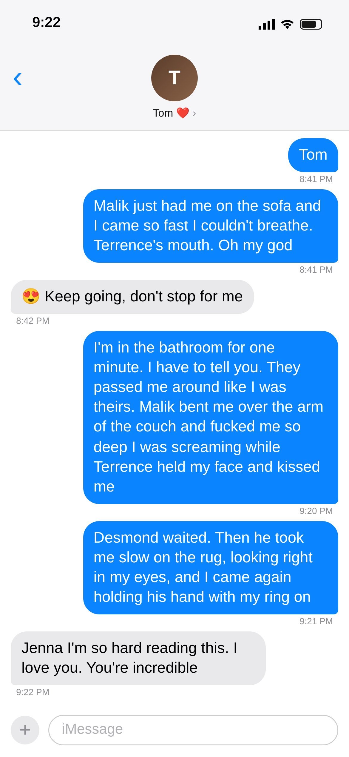 Text thread screenshot 13 of 22: Texting Tom from the bathroom: passed around, bent over the couch arm, Desmond slow on the rug.