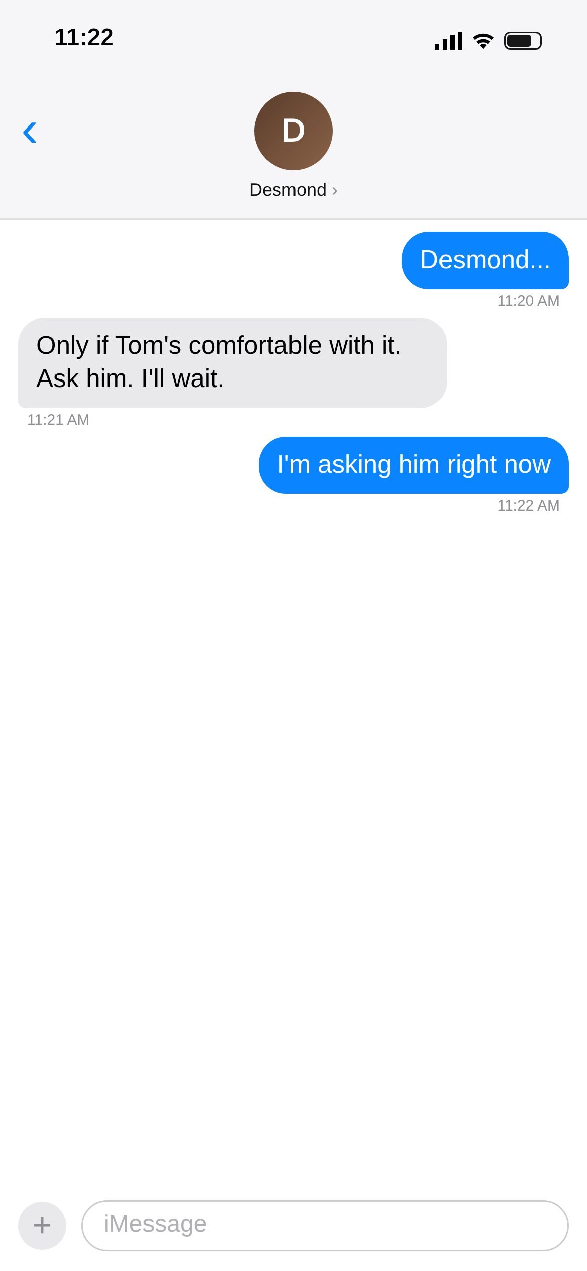 Text thread screenshot 18 of 22: "Only if Tom's comfortable. Ask him."