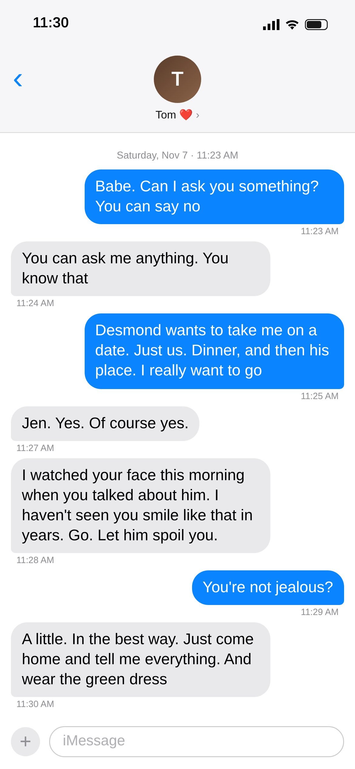 Text thread screenshot 19 of 22: Switch to Tom �わ�: "Can I go out with Desmond?" "Jen. Yes."