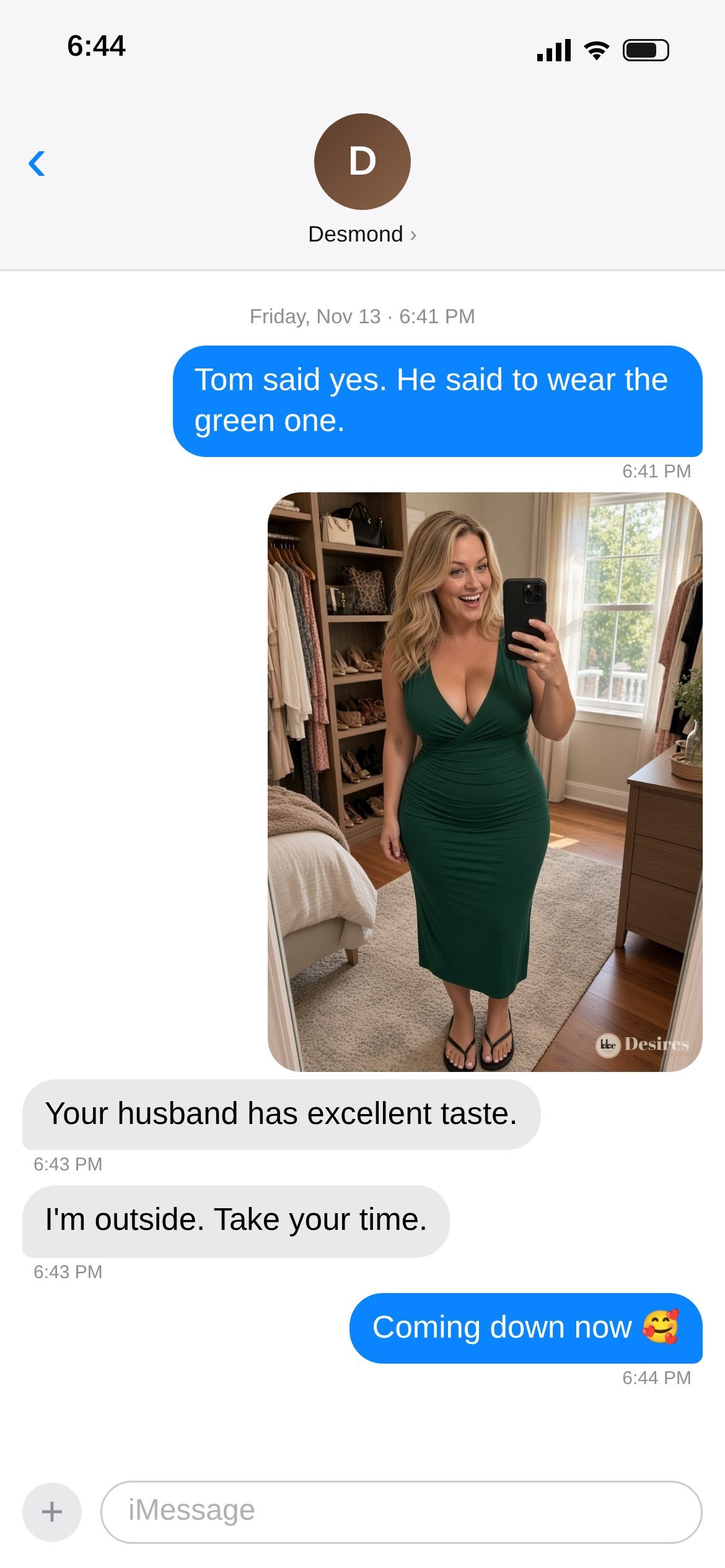 Text thread screenshot 21 of 22: Back to Desmond, a week later. Photo: the green dress.